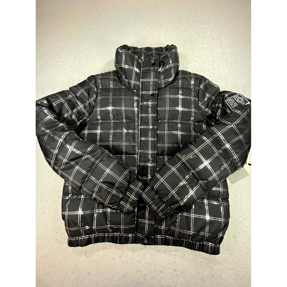 Y2K DKNY Sport Puffer Jacket Womens Small Black Plaid Reflective Insulated Warm